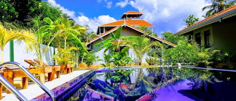 Indoor pool, outdoor pool, sun loungers