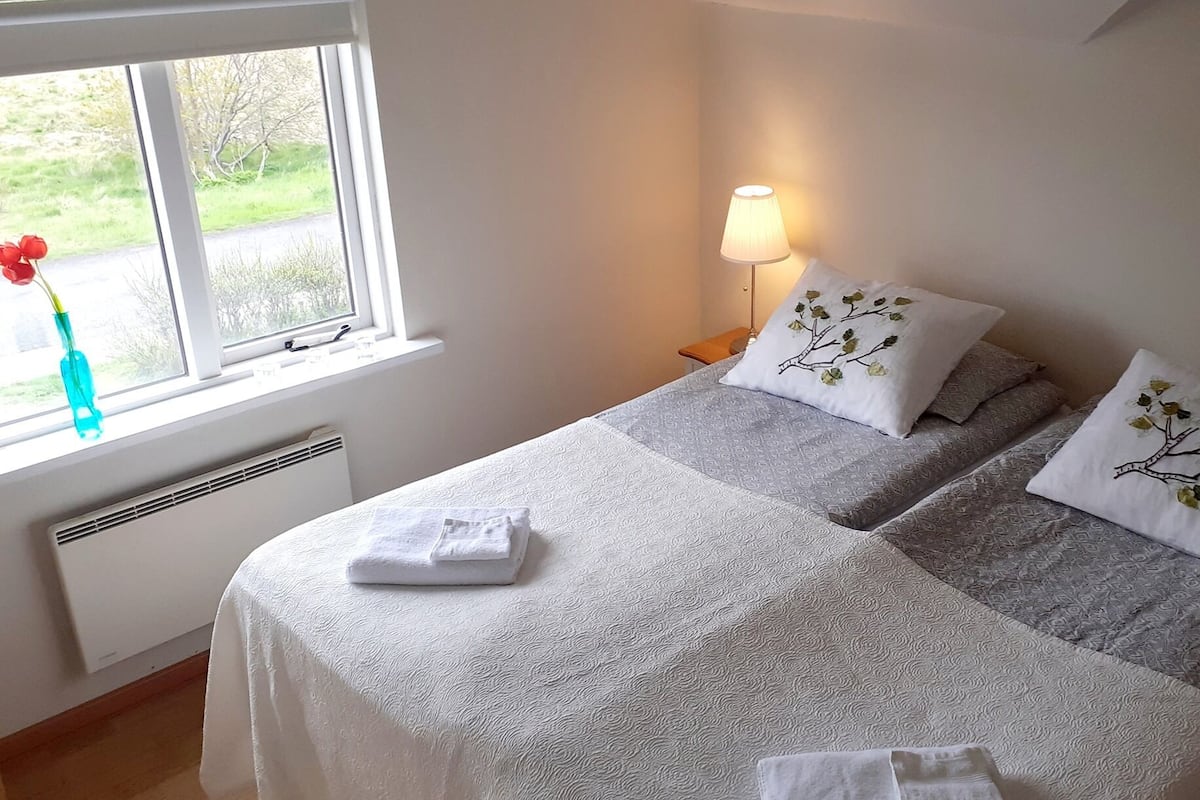 A bedroom with two beds, a window with a view of greenery, a bedside table with a lamp, and a radiator.