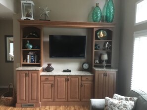 Smart TV, fireplace, DVD player, books