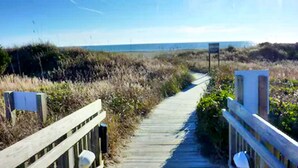 A wooden boardwalk leading to a beach with a clear sky. - 2/2 Ocean View Condo at APATB Resort (Atlantic Beach, NC)