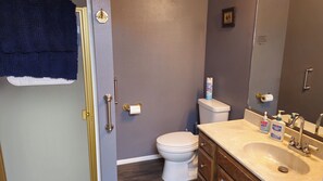 A bathroom with a toilet, sink, and a towel hanging on the door. - 900 sq ft 1 bedroom Apt with views, FREE EV charging, free off street parking (Spokane)