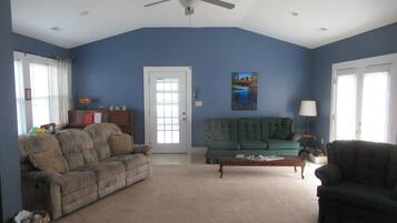 Smart TV, fireplace, DVD player, books