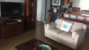 Een woonkamer met een televisie, een boekenkast, een bank en een salontafel.