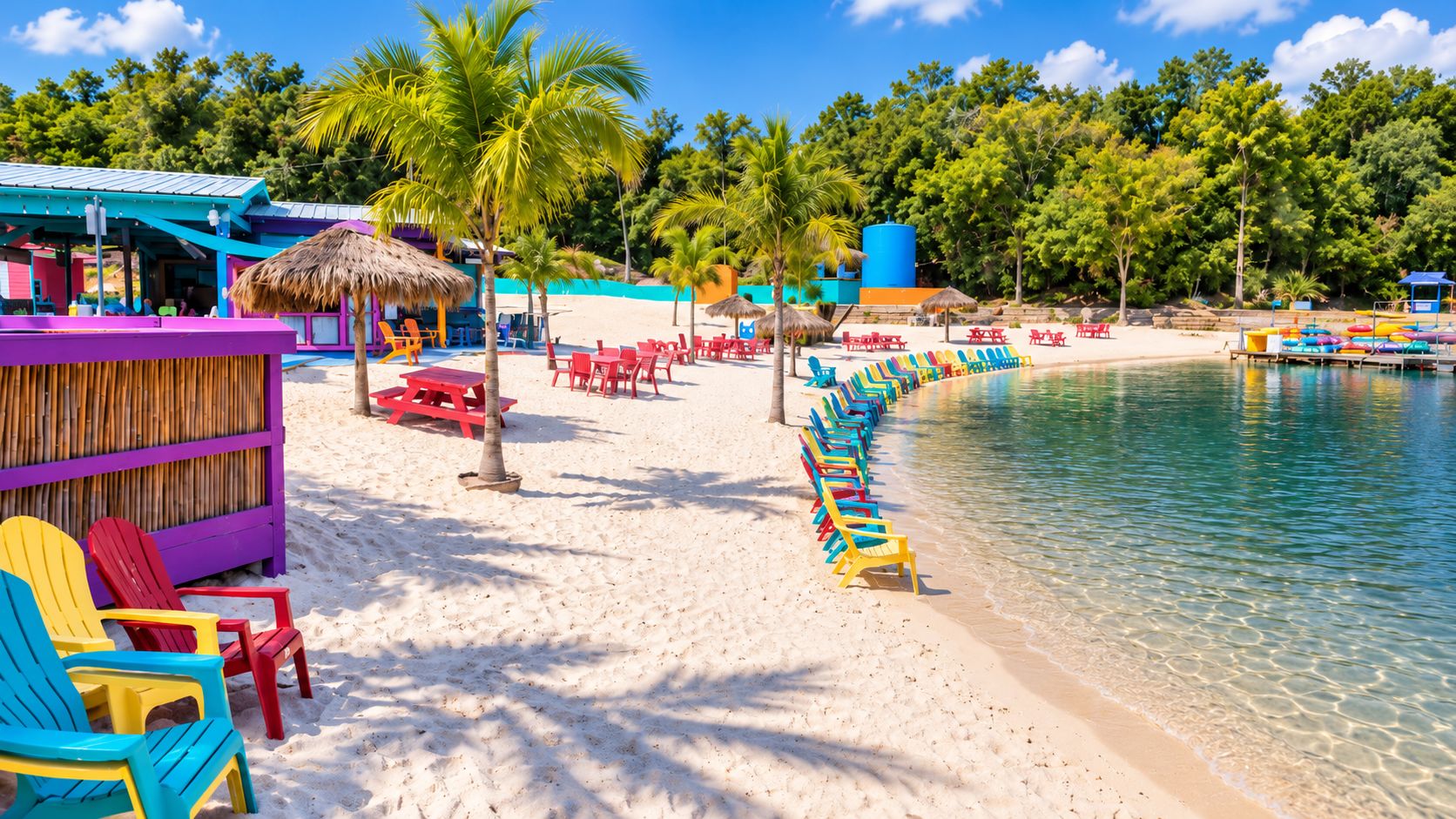 Une plage avec des chaises et des tables colorées, une structure à toit de chaume et une mer calme.