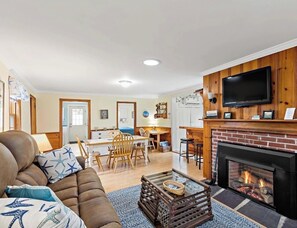 Flat-screen TV, fireplace, DVD player, books
