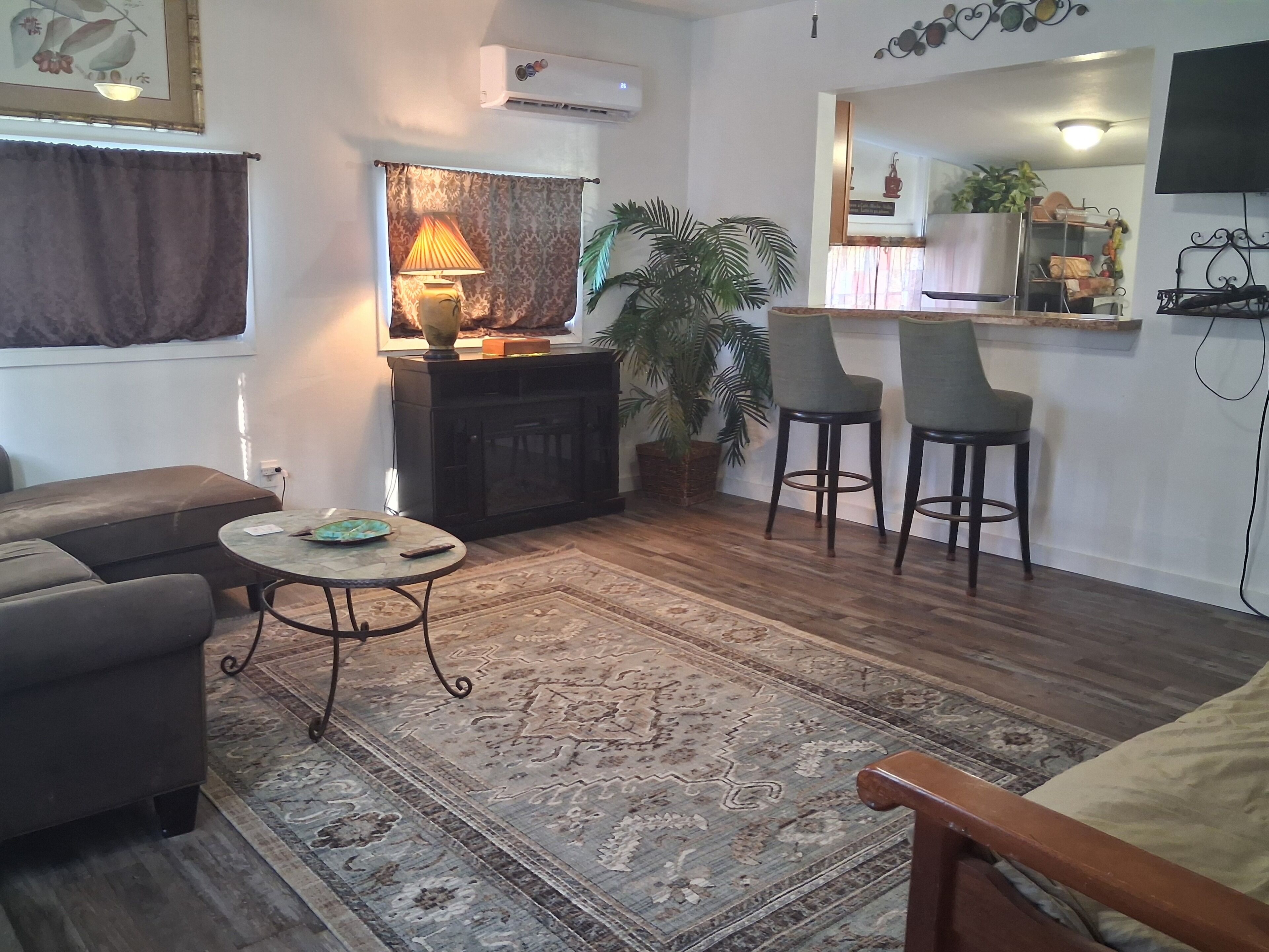 Un salon comprenant un canapé, une table basse ronde, un tapis à motifs, une lampe, une plante en pot et un coin bar avec des tabourets.