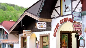 A traditional German building with signs for 'Helen Souvenir & Candle Co.' and 'Swiss Cheese Toys'.