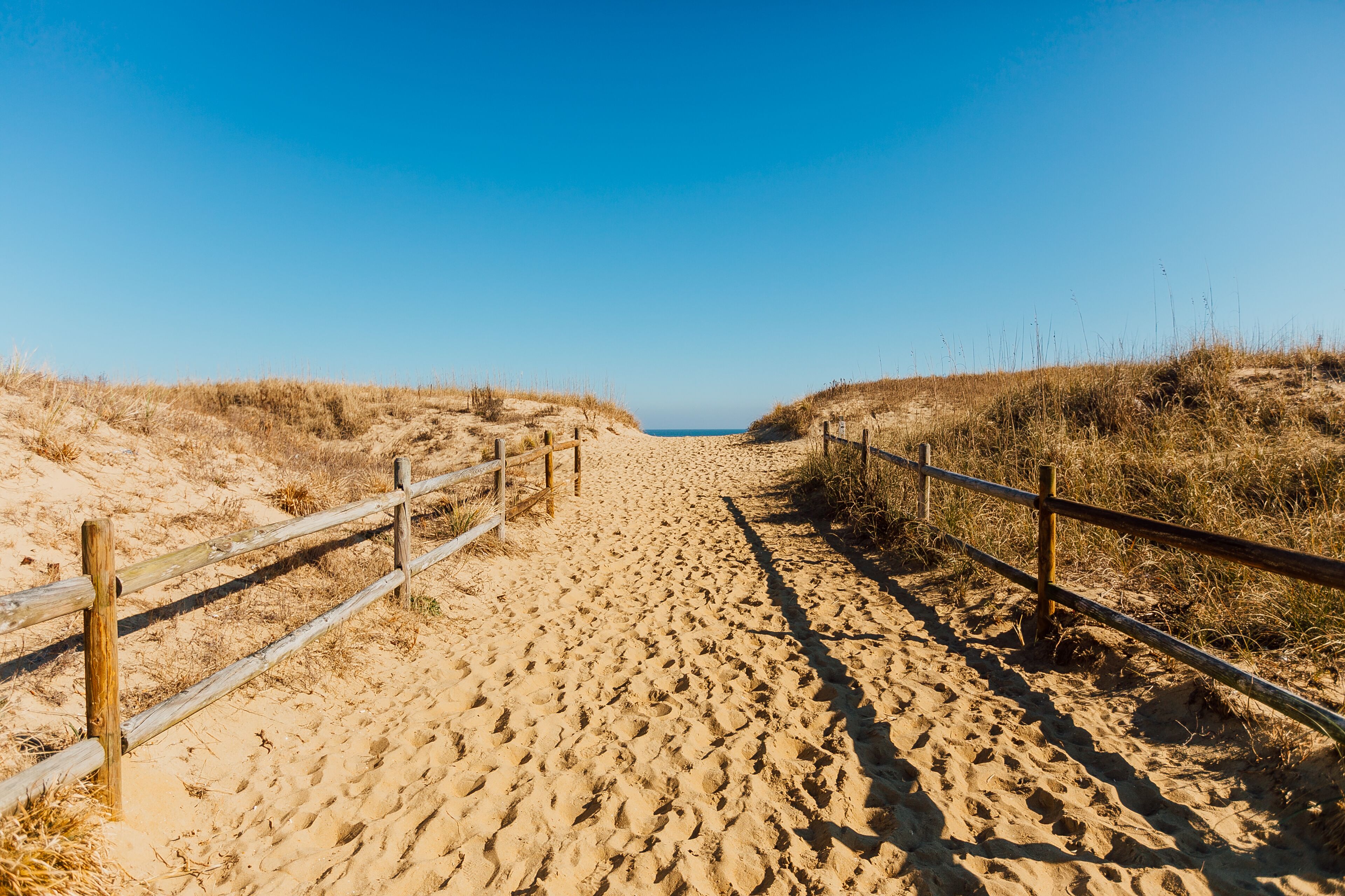 A sandy beach path with wooden fences on either side, leading to the ocean.
