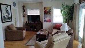 Smart TV, DVD player, books, music library