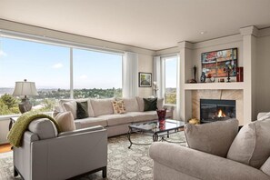 Smart TV, chimenea, libros y estéreo 