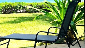 Una silla de descanso en un patio de concreto con vista a un área verde, una palmera y el océano.