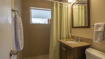 Hair dryer, towels, soap, toilet paper