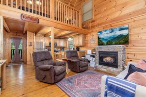 Smart TV, fireplace, video games, DVD player