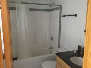 Tina con regadera, secadora de cabello, toallas 