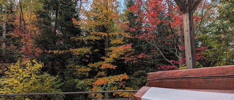 A hot tub with a wooden deck and a view of autumn trees.