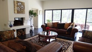 Smart-tv, een open haard, videospelletjes en een dvd-speler