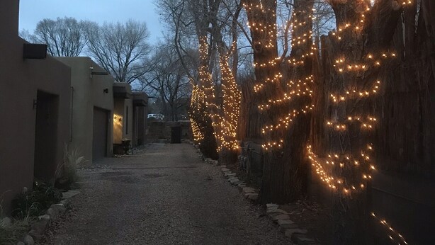 A pathway lined with trees wrapped in string lights, leading to a building with a modern architectural style. - Feel at Home , all sanitized, 6 walkable blocks from Santa Fe Plaza. (Santa Fe)