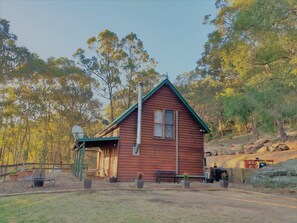 A red wooden cabin with a green roof, surrounded by trees and a dirt path.
