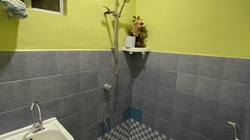 Douche, bidet, serviettes fournies, shampoing