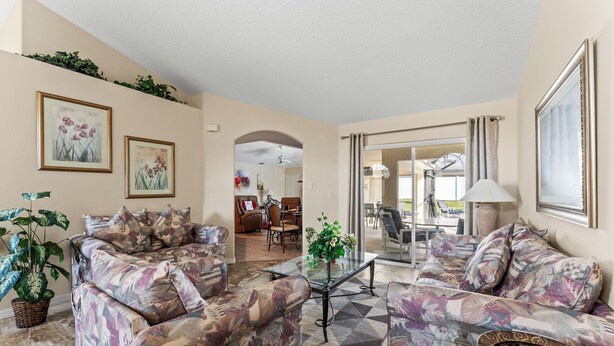 A living room with patterned sofas, a glass coffee table, and a potted plant. - LUXURY FOR YOU + Last-Minute-Rates: 2 Masters, Gas Grill, TV65" 4K & Game Room (Davenport)