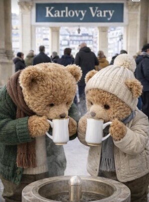 Due orsetti di peluche vestiti con abiti invernali, che tengono tazze, con un cartello che riporta 'Karlovy Vary' sullo sfondo.