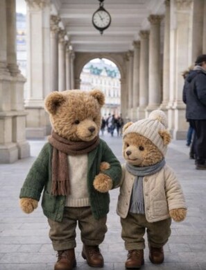 Deux ours en peluche, vêtus de vêtements d’hiver, se promènent sur un chemin pavé, avec des colonnes en arrière-plan.