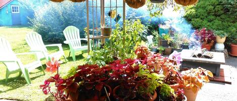 A garden with various potted plants, a bench, and two green chairs.