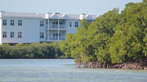 A waterfront hotel with multiple balconies, surrounded by lush greenery and mangrove trees. -  Oceanfront Marina Condo With All Luxuries (Key West)