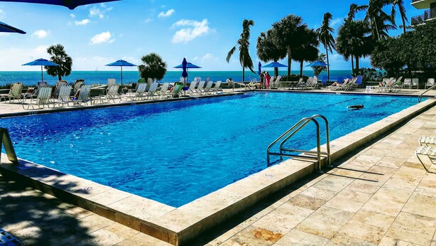 Une piscine entourée de palmiers, avec des chaises longues et des parasols, offrant une vue sur l’océan.
