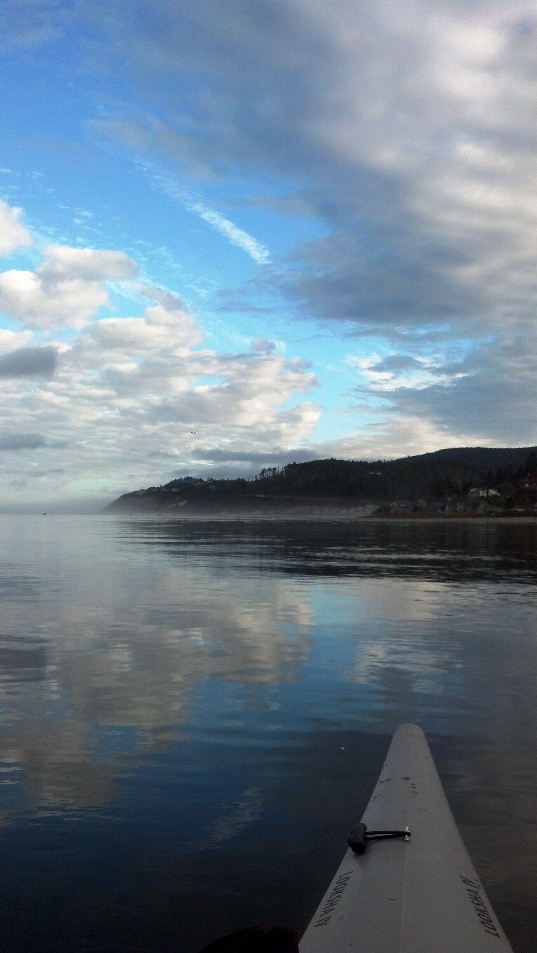 A calm body of water with a boat's edge and a cloudy sky.