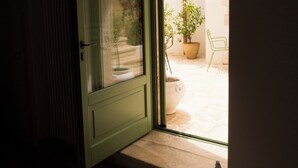 Una habitación con una puerta verde que da a un espacio exterior con una planta en maceta y una silla.