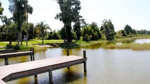 Une jetée en bois s’étendant au-dessus d’un lac paisible, bordé d’une végétation luxuriante et de grands arbres.