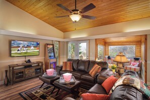 Smart TV, fireplace, video games, DVD player