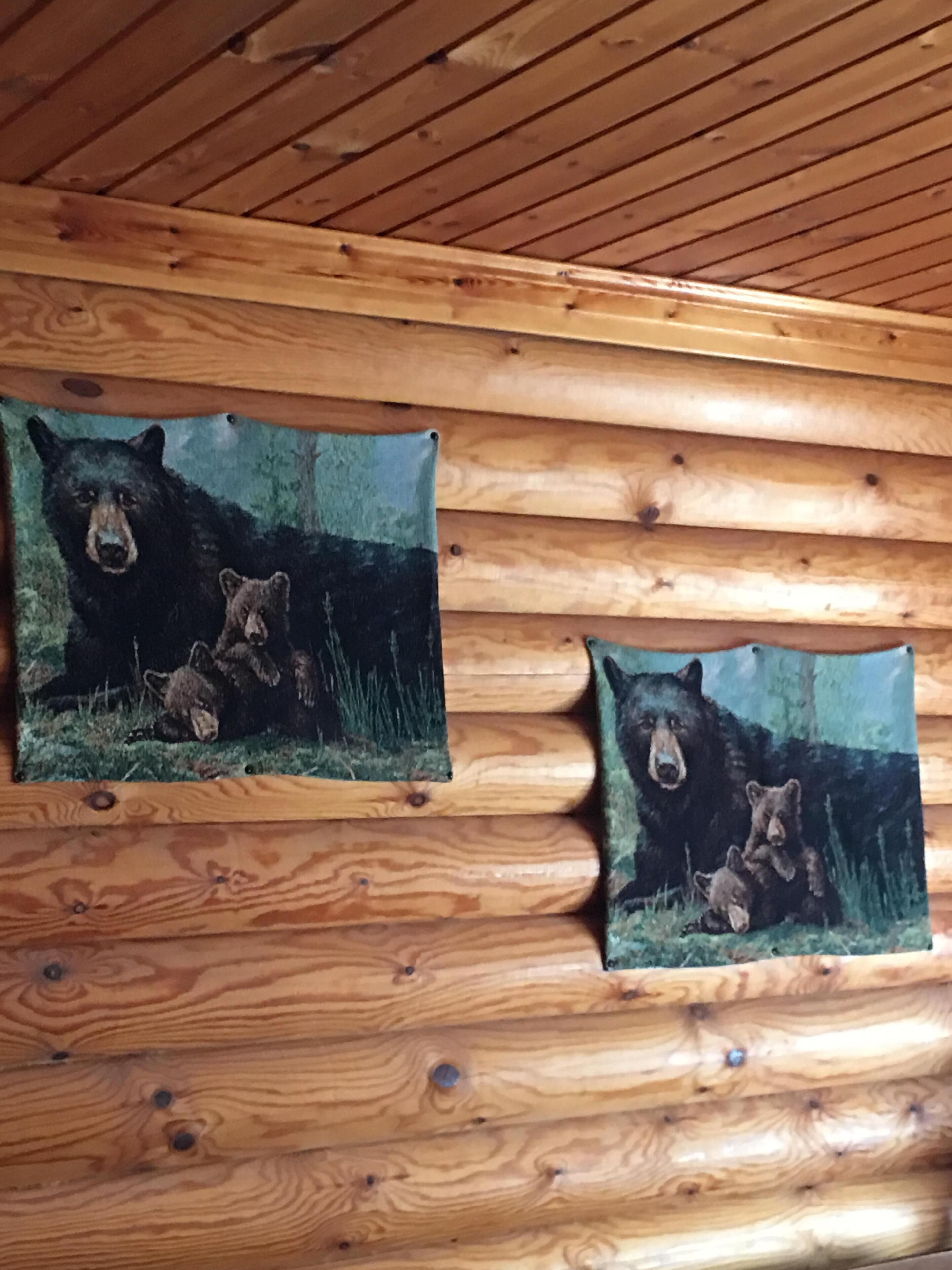 A wooden cabin interior with three framed paintings of bears on the wall.
