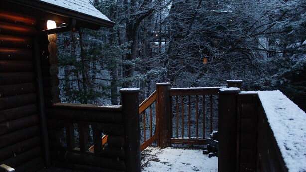 Una cabaña de madera con una terraza cubierta de nieve y vistas a un bosque.