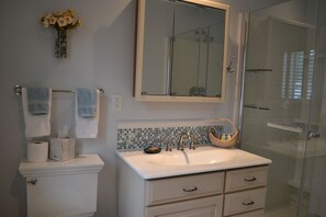 Shower, hair dryer, towels, soap