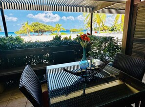 Outdoor dining - Renovated OCEANFRONT BEACHFRONT BEACH LEVEL one step to beautiful white sand  (st thomas)