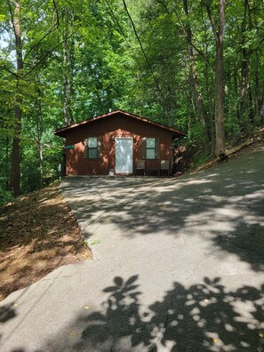 A cabin with a concrete driveway, surrounded by dense forest.