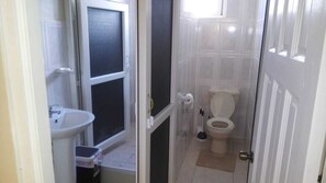 Combined shower/tub, hair dryer, towels, soap