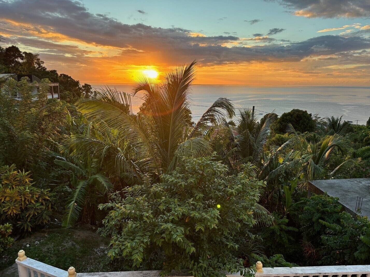 A sunset view from a balcony overlooking a tropical garden and the sea.