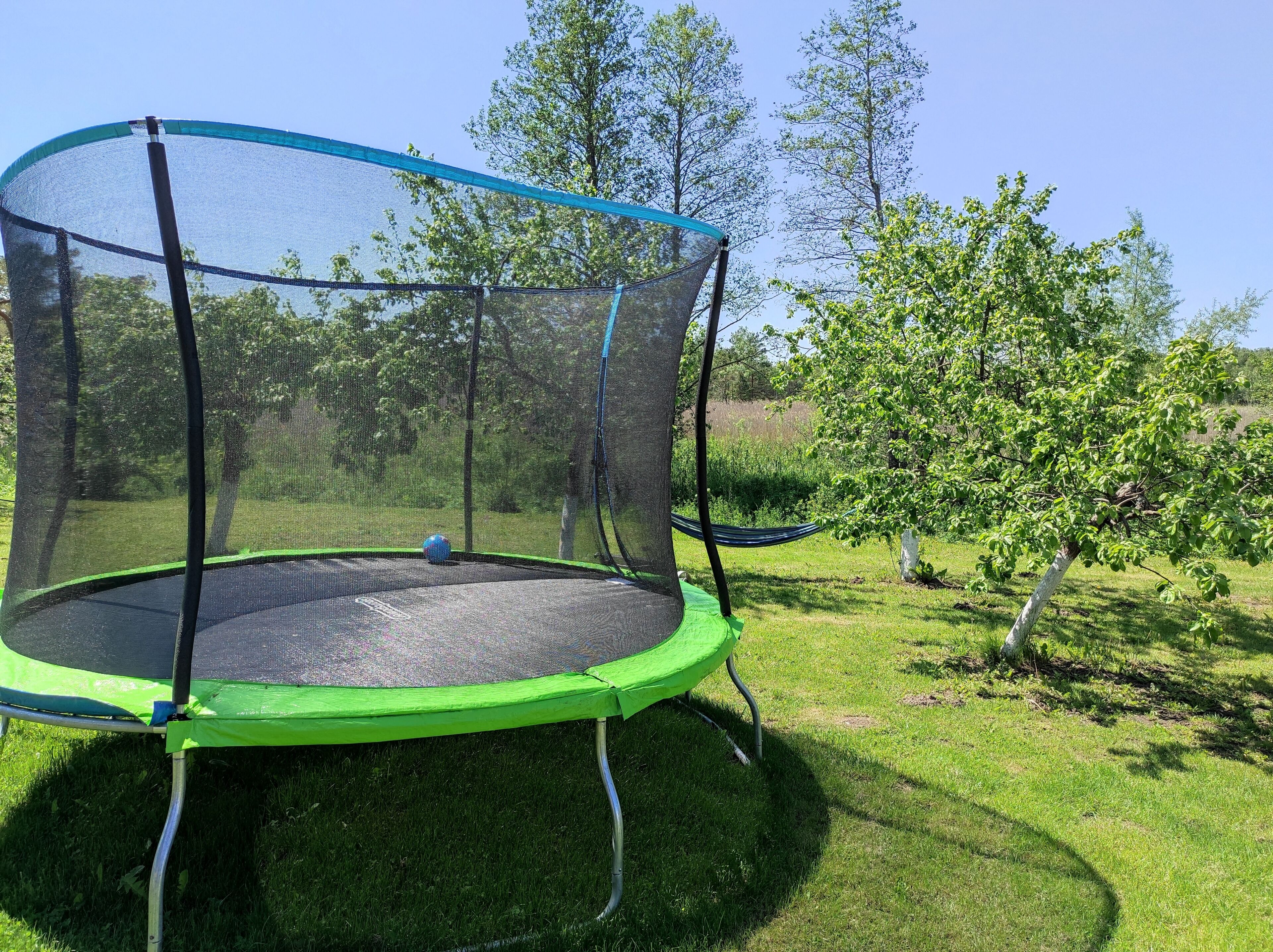 Ein Trampolin mit Sicherheitsnetz, umgeben von Gras und Bäumen.