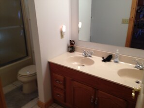 Combined shower/bathtub, hair dryer, towels, toilet paper