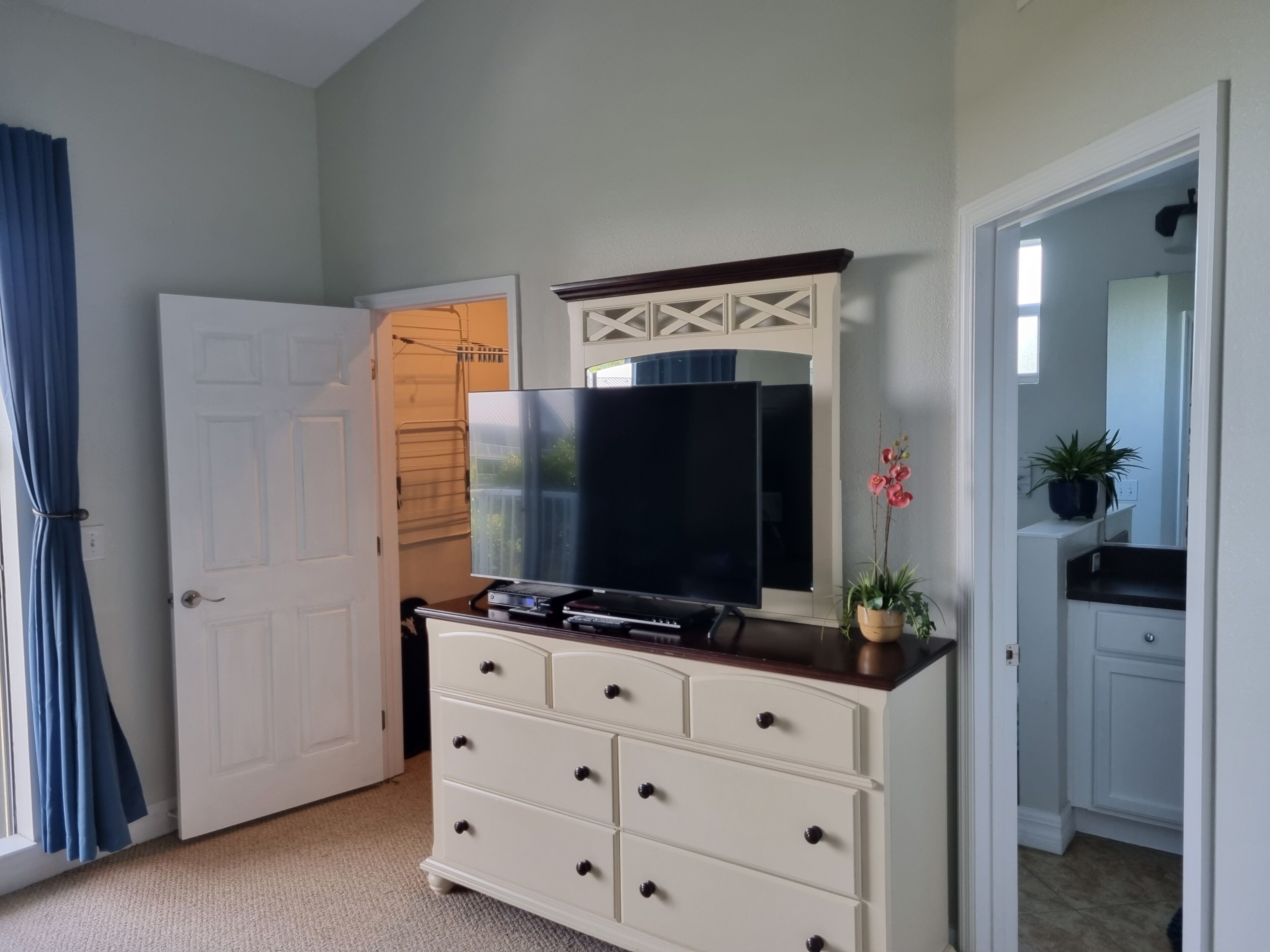 A room with a white dresser, a flat-screen TV, a potted plant, and a door leading to another room.