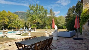 An outdoor patio with a table and chairs, a pool, and a statue.