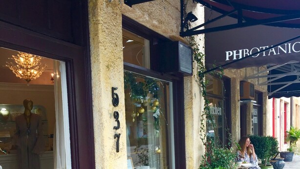 Un escaparate con un cartel que dice "PHROTTANIC" y el número "537" en la pared. Hay macetas con plantas afuera y un perro en la acera.