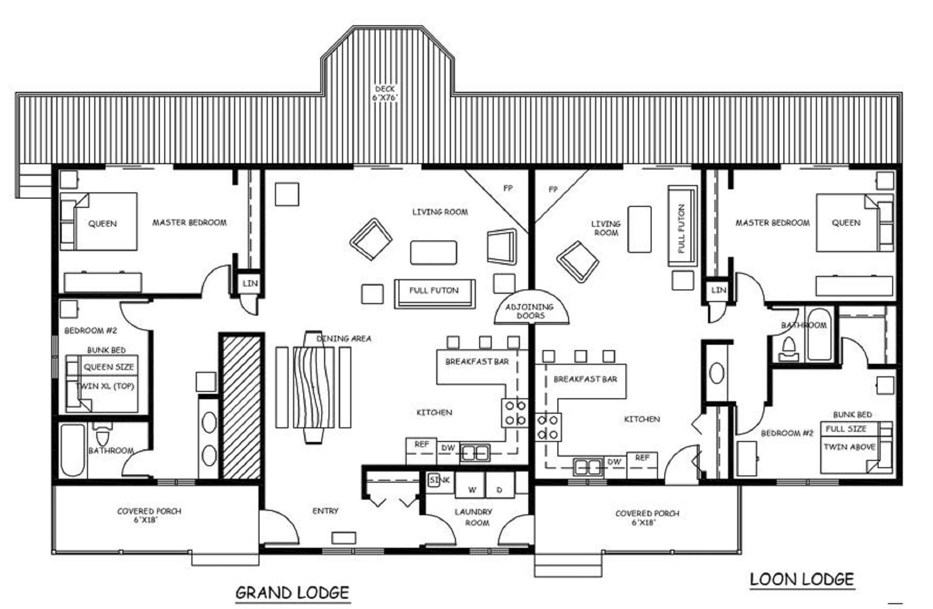 Een plattegrond van een statig landhuis met een overdekte veranda, twee masterbedrooms, een woonkamer, een keuken, een eetgedeelte en een wasruimte.