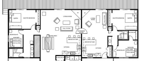 Een plattegrond van een statig landhuis met een overdekte veranda, twee masterbedrooms, een woonkamer, een keuken, een eetgedeelte en een wasruimte.