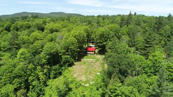 A cabin surrounded by dense forest with a clear view of the surrounding landscape.