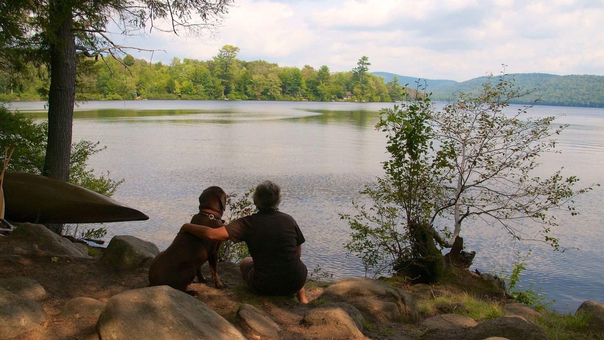 A lakeside scene with two people sitting on rocks, a dog, and a canoe.