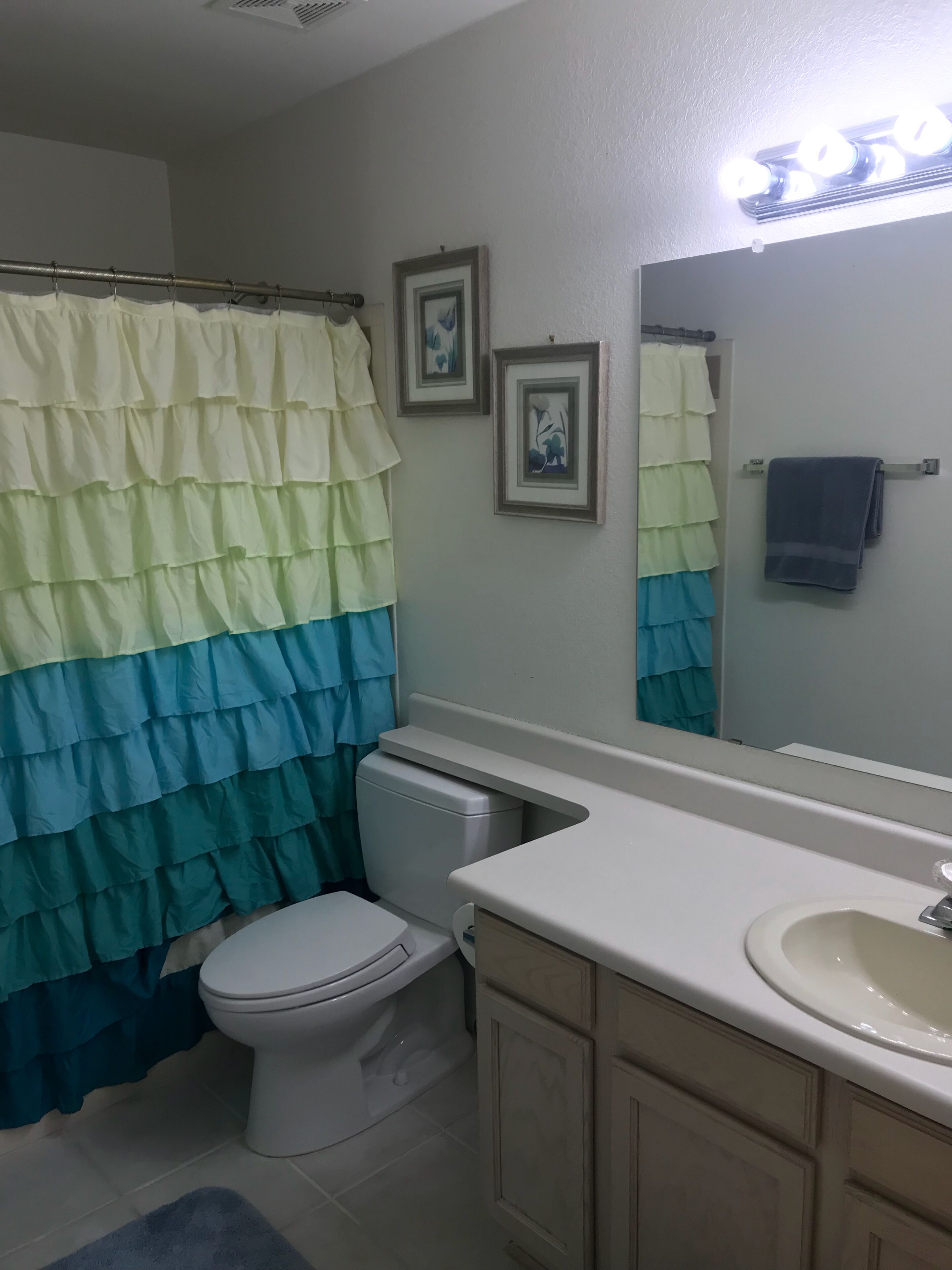 A bathroom with a toilet, a sink, and a shower curtain.